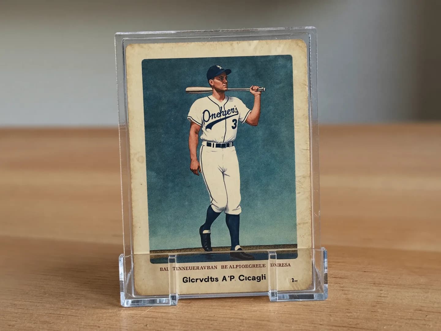 Fictional vintage sports card in a clear holder