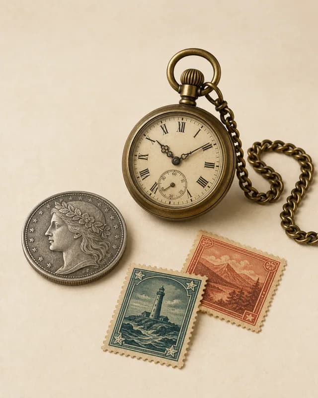 Pocket watch, fictional coin, and vintage-style stamps