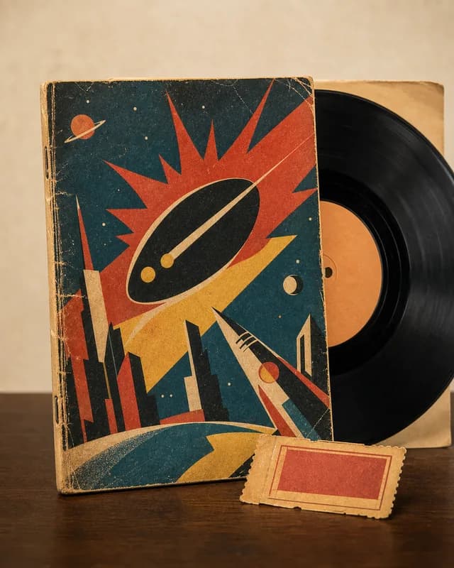 Fictional pulp comic, vinyl record, and vintage ticket stub