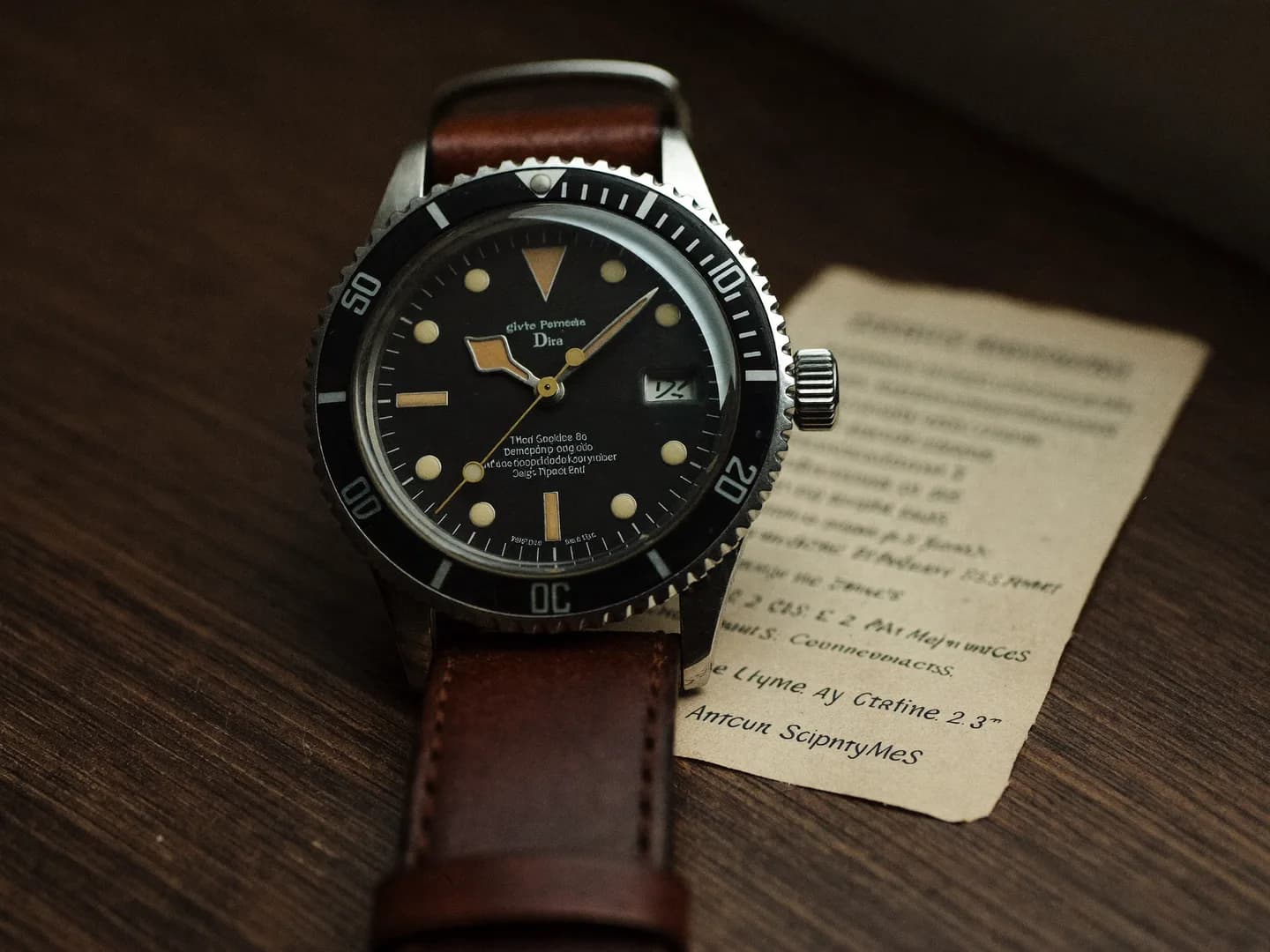 Vintage black-dial diver watch with a brown leather strap